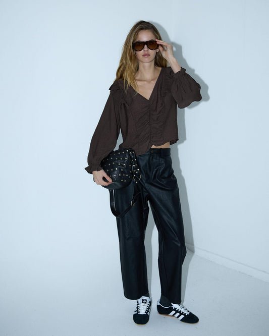 Blusa Fruncido Volantes Marrón