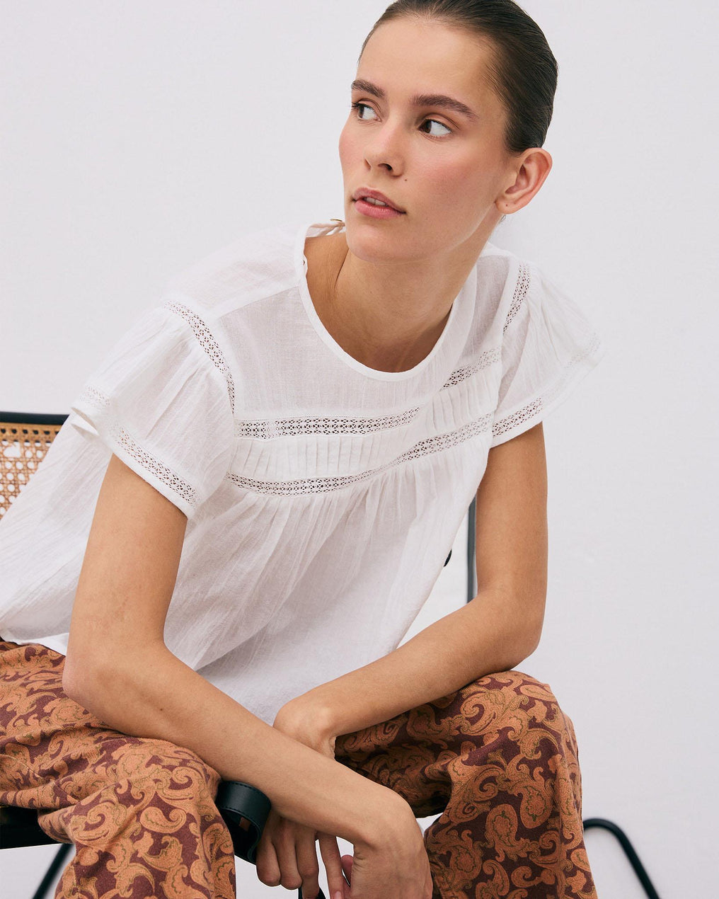 Blouse Manches Courtes Dentelle Avant Blanc