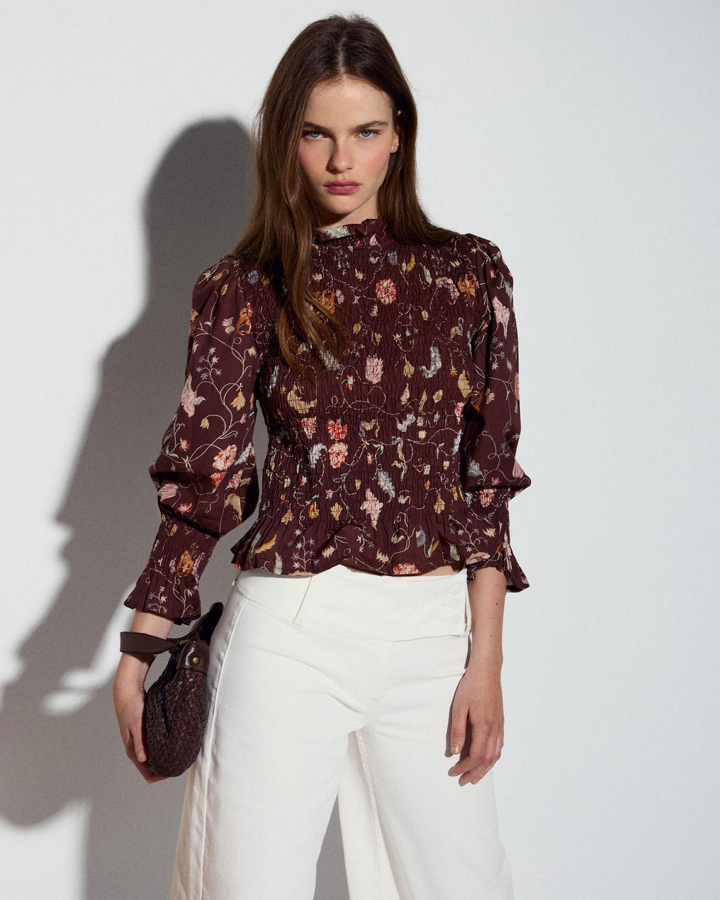 Brown Floral Print Honeycomb Blouse