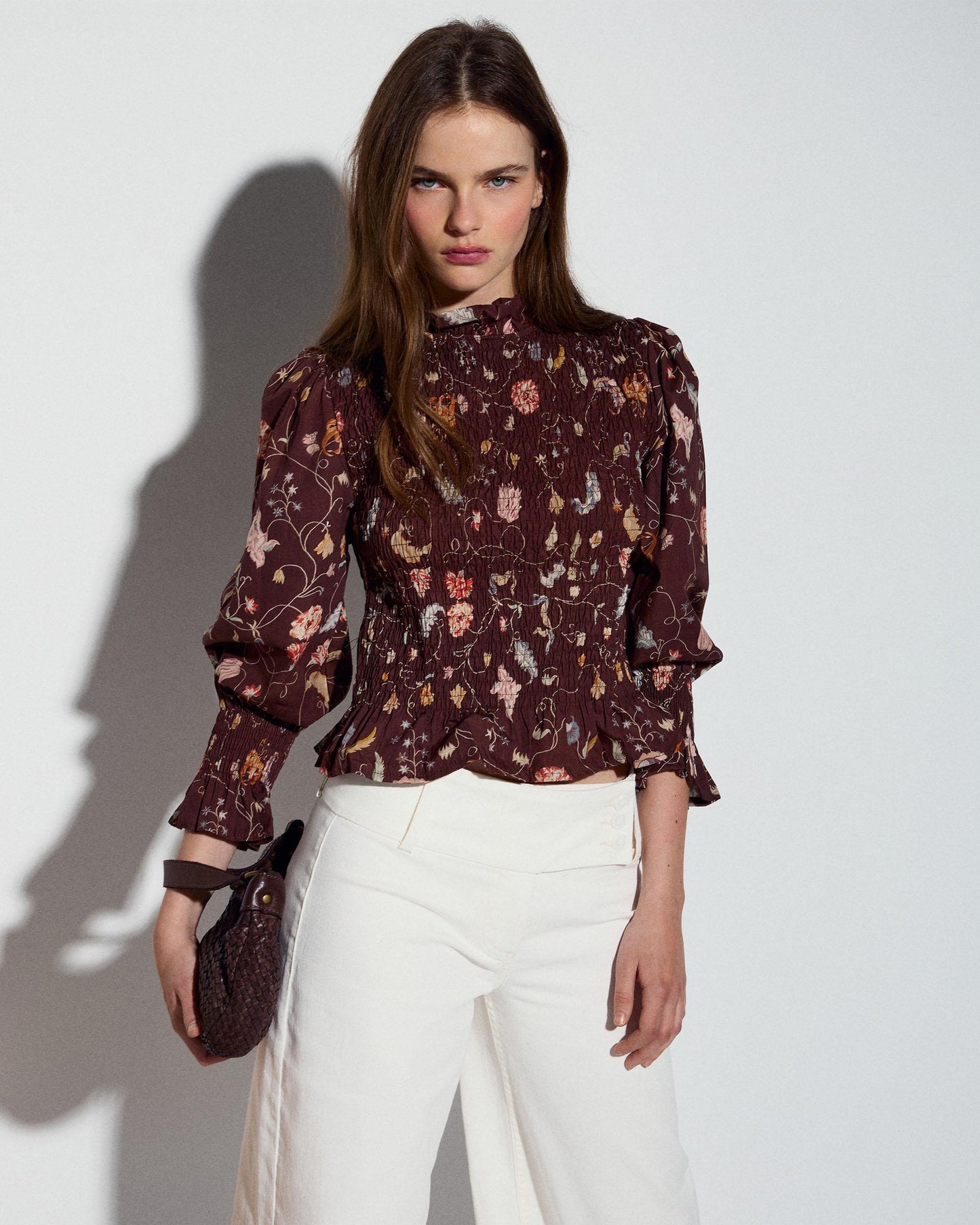 Brown Floral Print Honeycomb Blouse