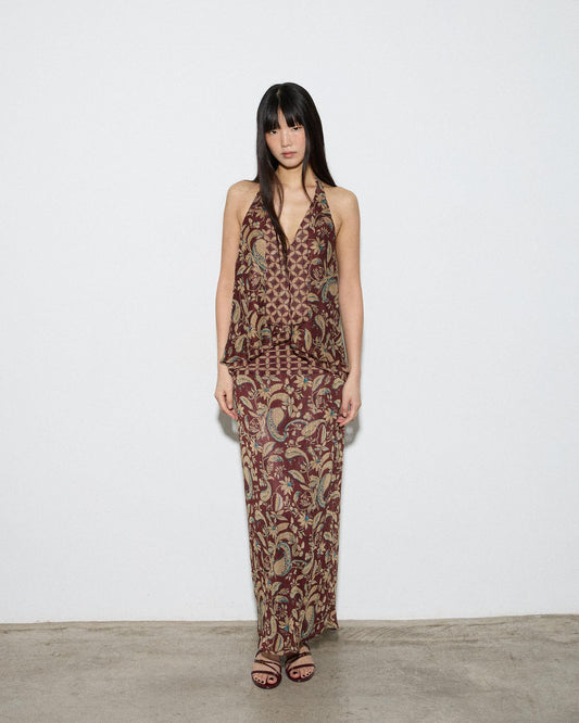 Top Pontas Estampado Floral E Geométrico Castanho