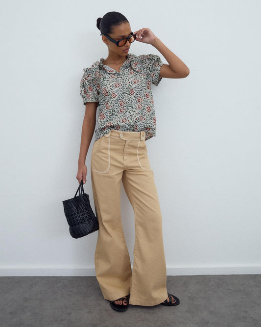 Blusa Manga Abullonada Volante Estampada Multicolor