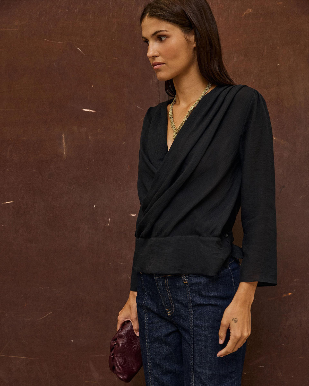 Blusa Drapeada Botones Laterales Negro