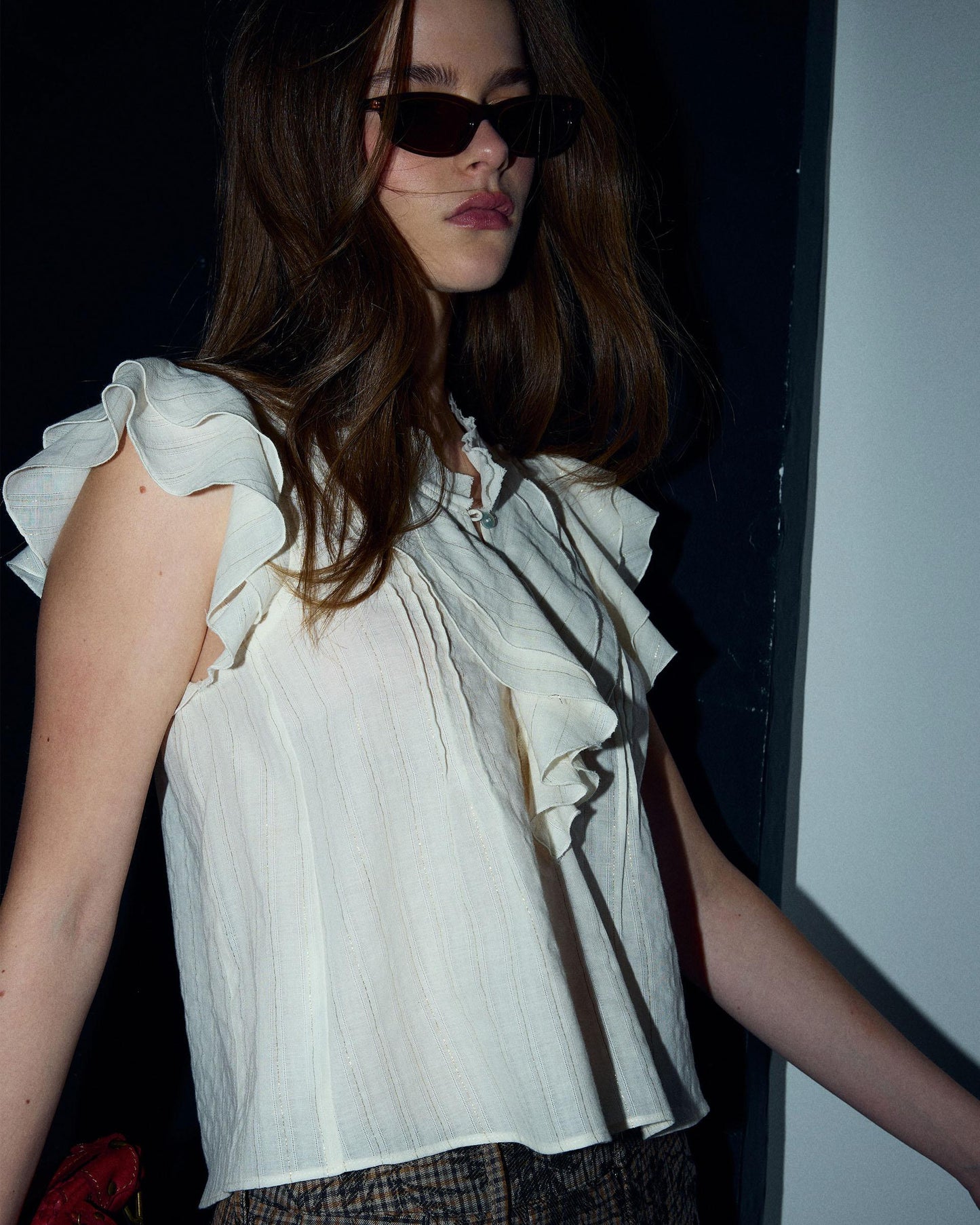 White Lurex Striped Sleeveless Blouse