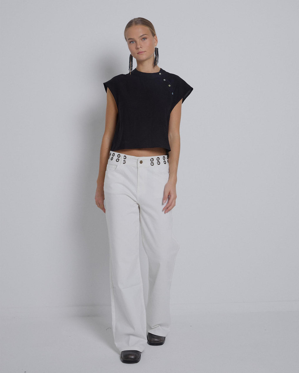 White Ringed Waistband Jeans