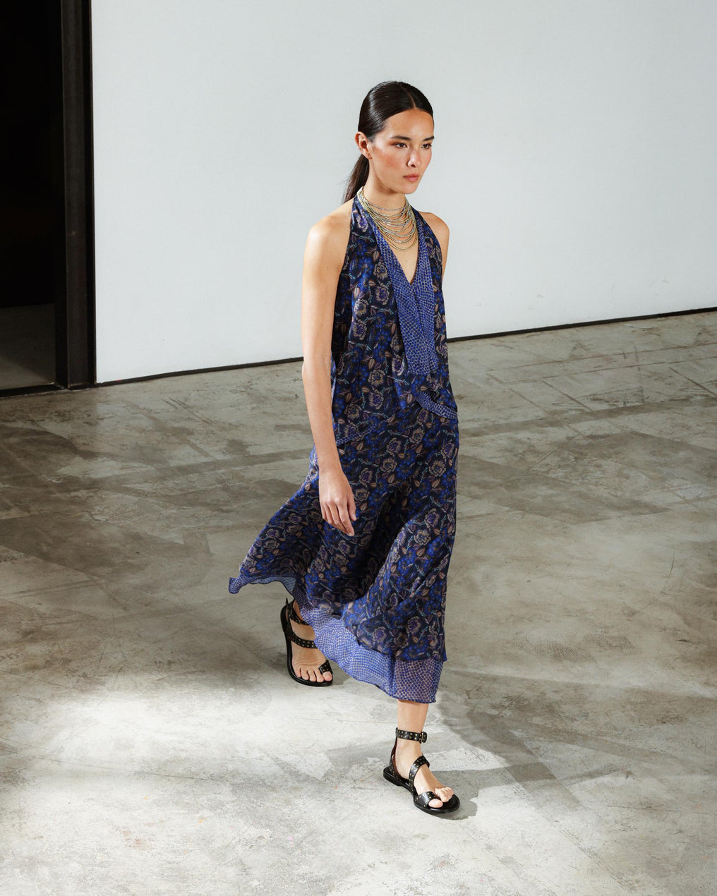 Falda Picos Estampado Flores Y Puntos Azul