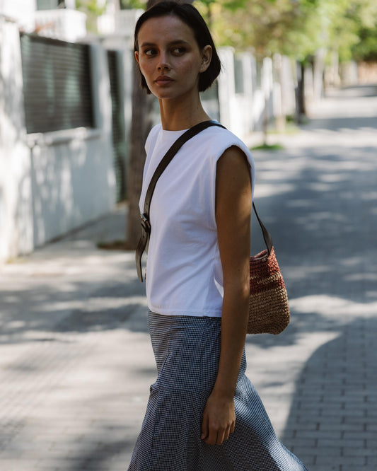 Navy Blue Gingham Yoke Skirt