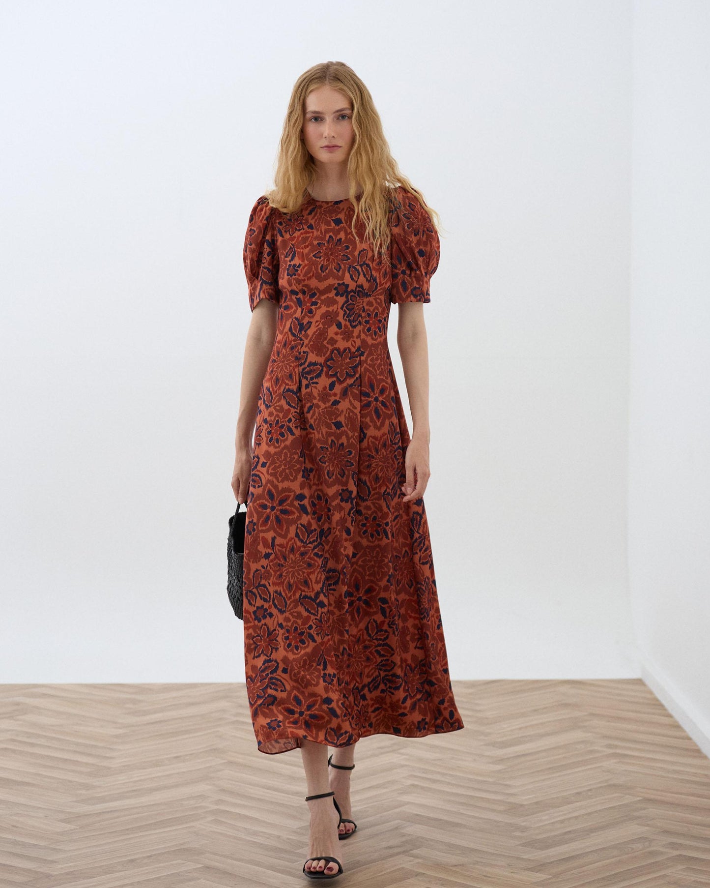 Vestido Manga Abullonada Estampado Floral Naranja