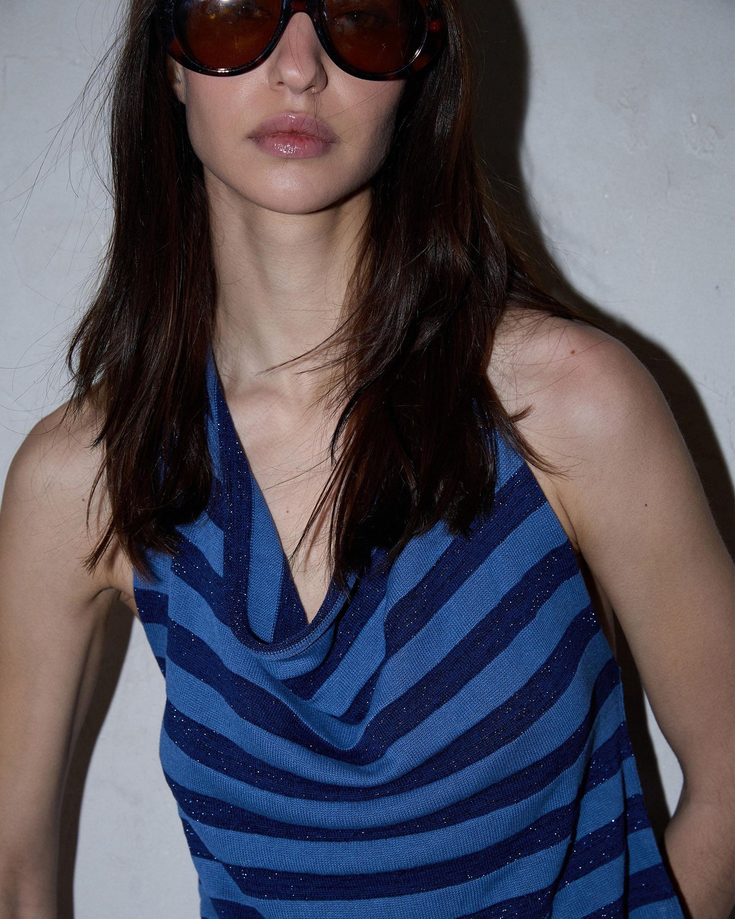 Top Malha Halter Riscas Azul Escuro