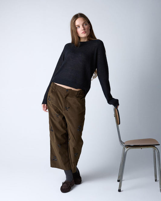 Dark Green Sequin Flower Micropana Pants