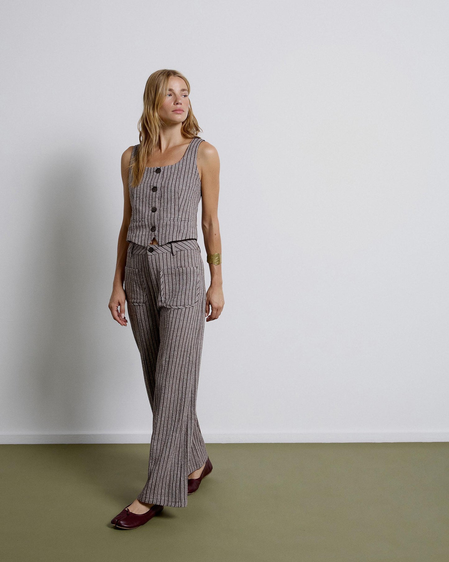 Striped Pants with Brown Patch Pockets