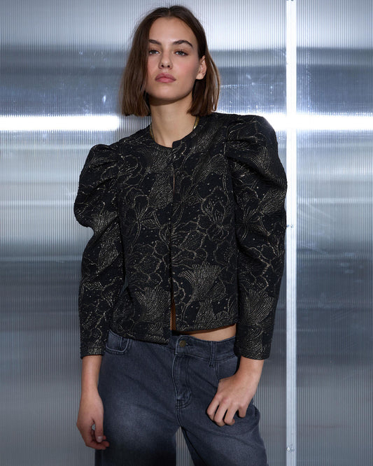 Chaqueta Jacquard Manga Abullonada Negro