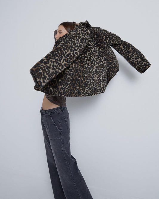 Abrigo Animal Print Con Lana Marrón