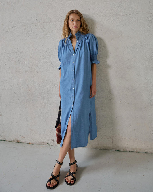 Vestido Manga Curta Tipo Denim Azul Jeans
