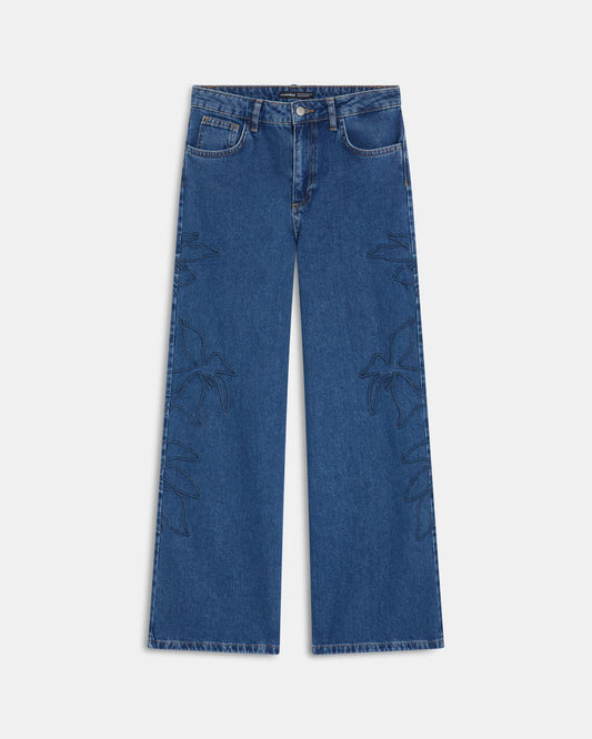Jeans Bordados Silueta Flor Azul