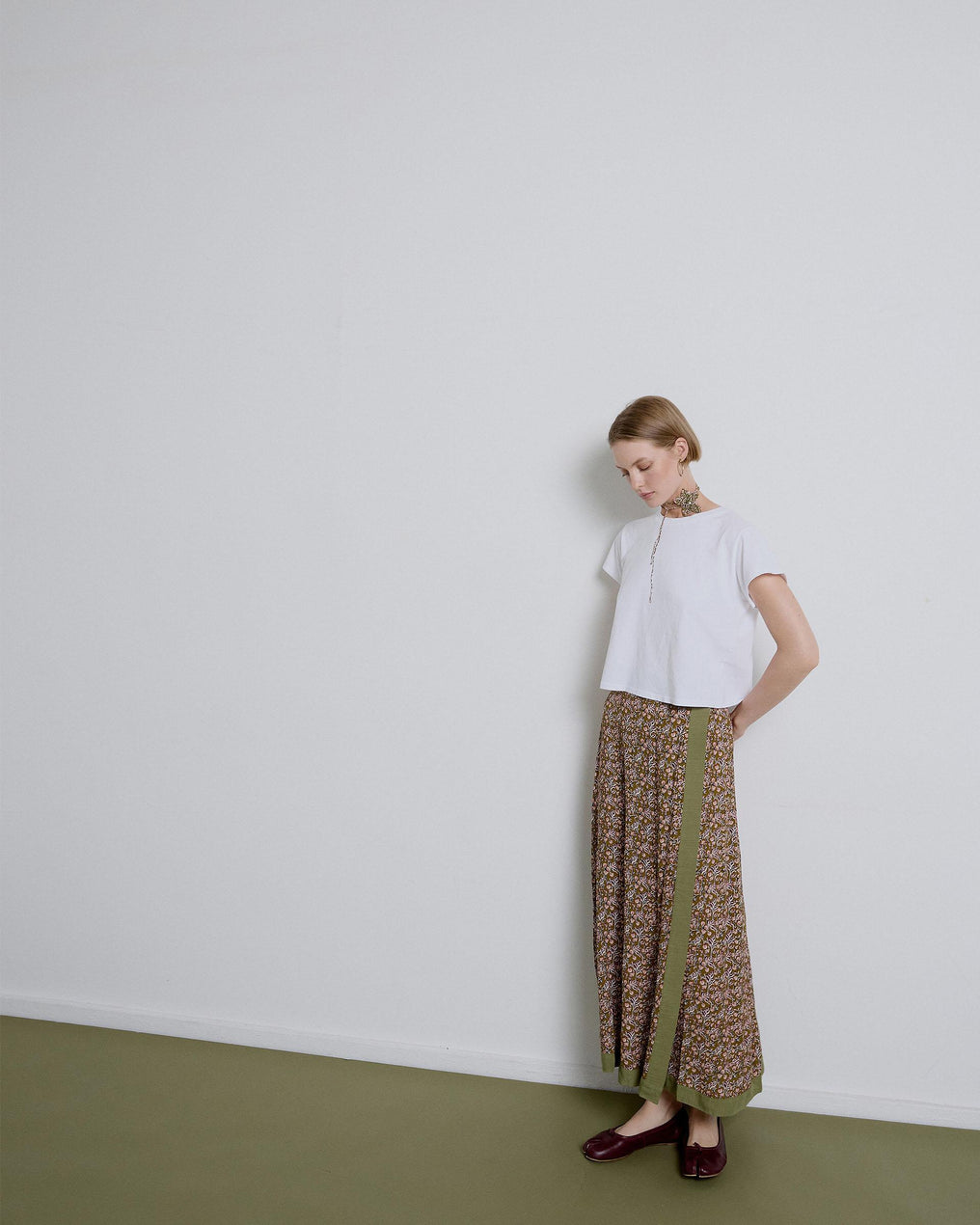 Green Side Ruffle Printed Skirt