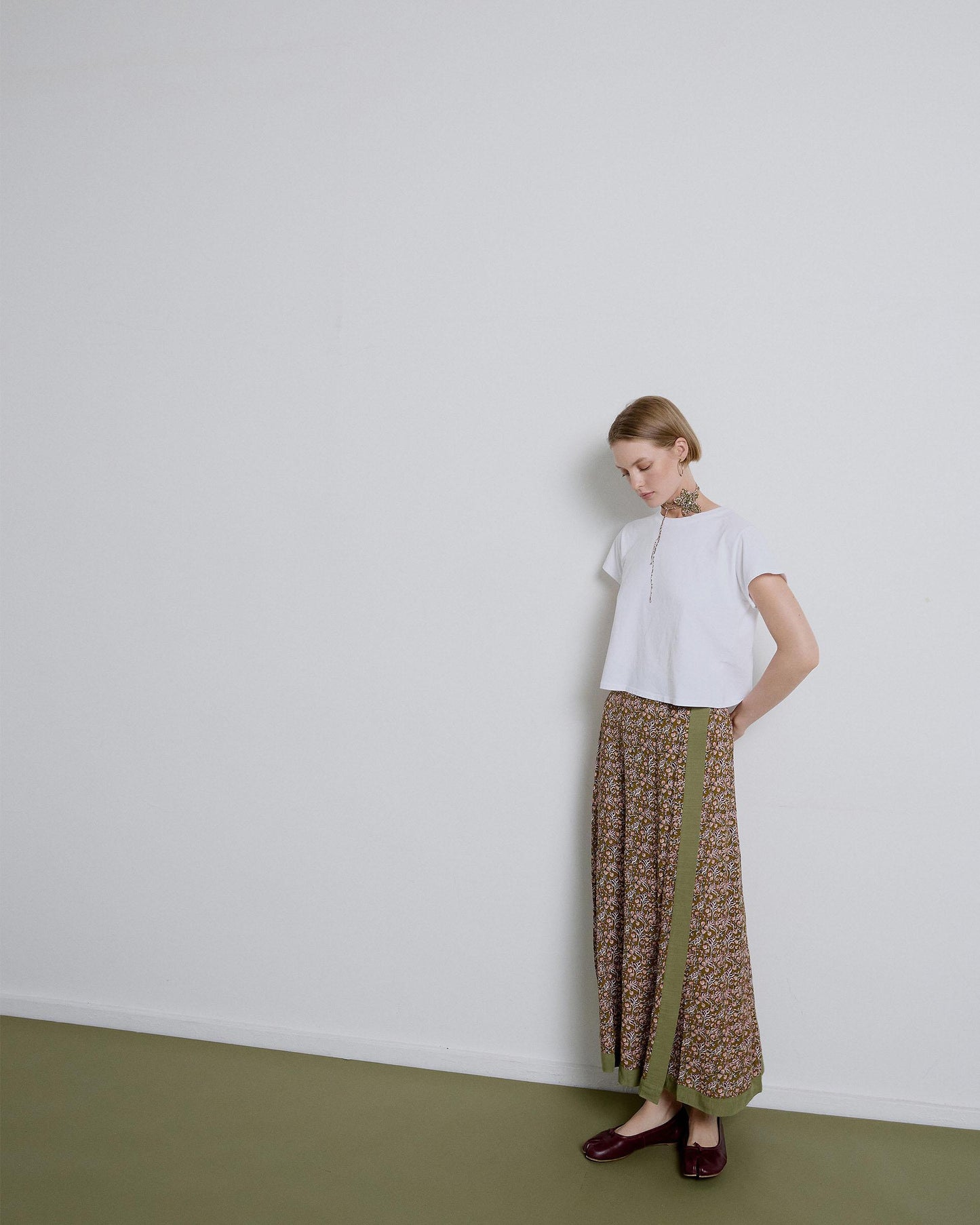 Green Side Ruffle Printed Skirt