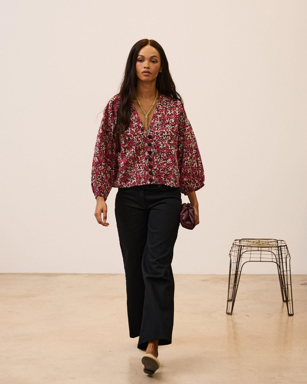Blouse Plissée à Imprimé Floral Grenat
