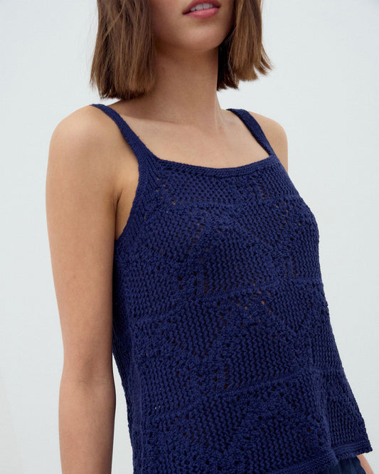 Navy Blue Laser-Cut Strap Top