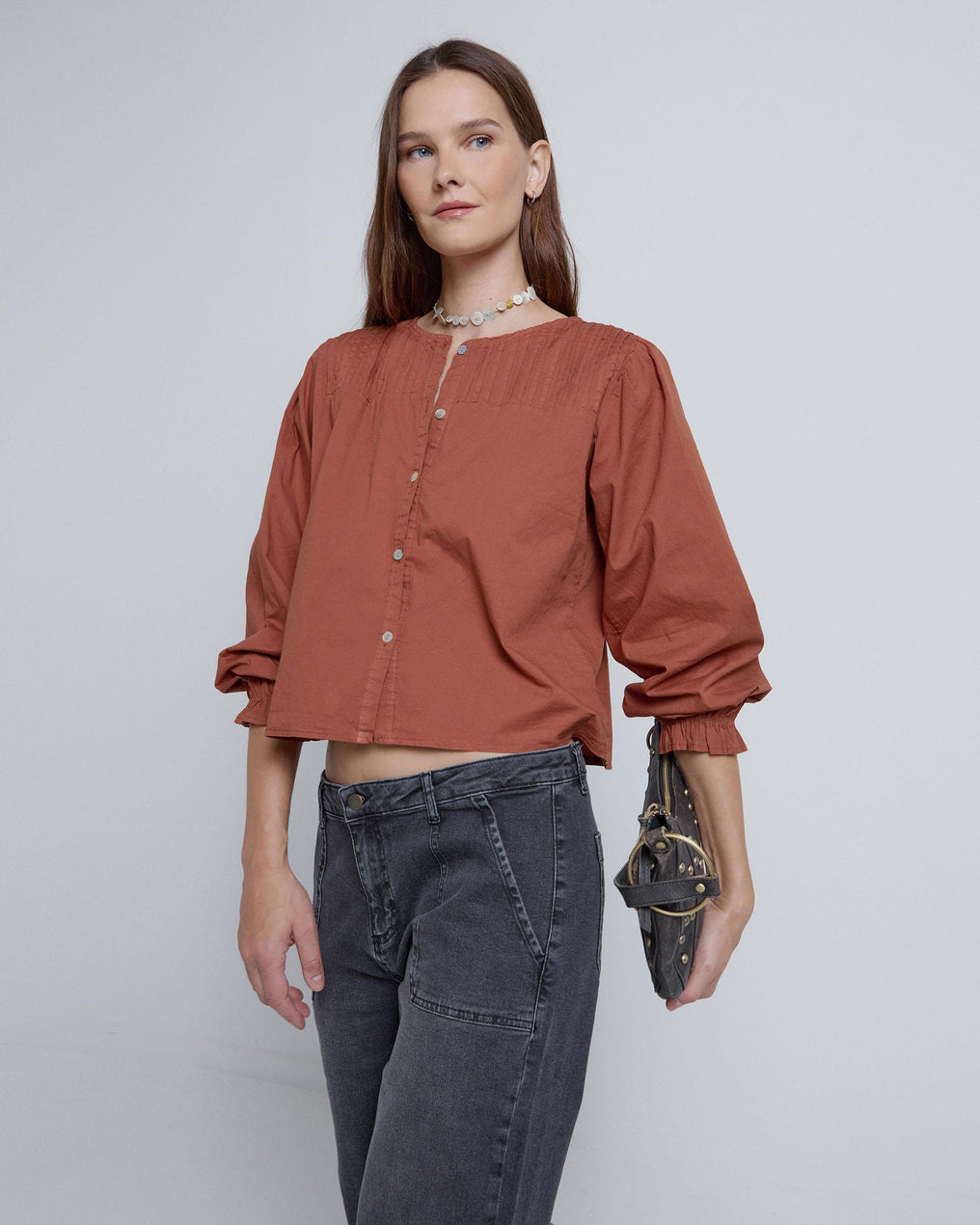 Blusa Canesú Tablas Teja