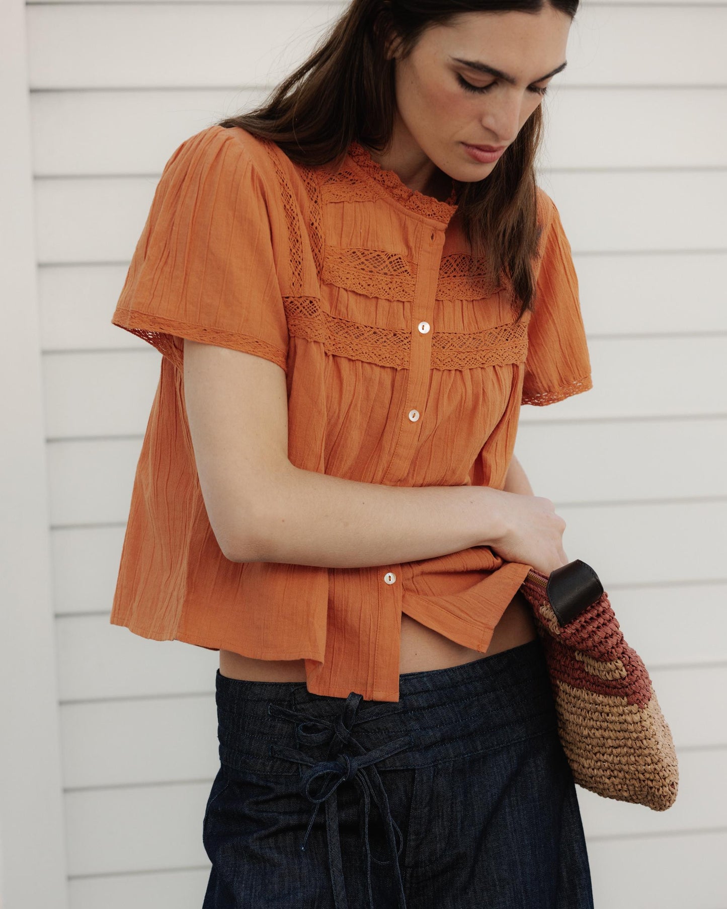 Blusa Puntillas Delanteras Botones Naranja