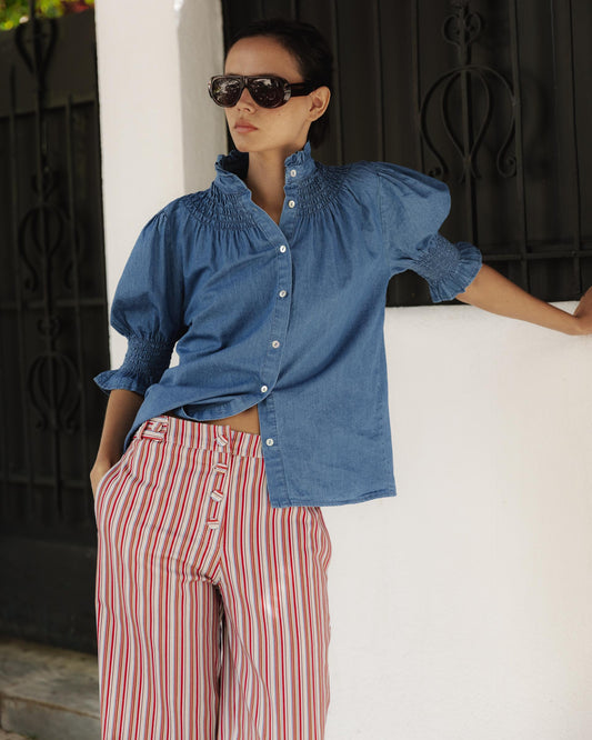 Short-Sleeve Blue Denim-Style Blouse