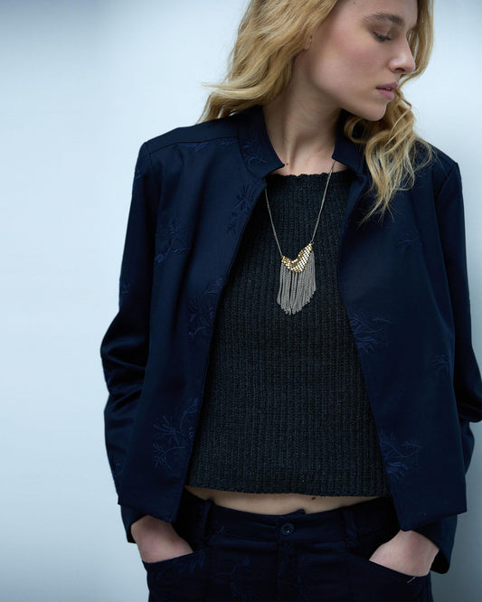 Chaqueta Bordados Florales Azul Oscuro