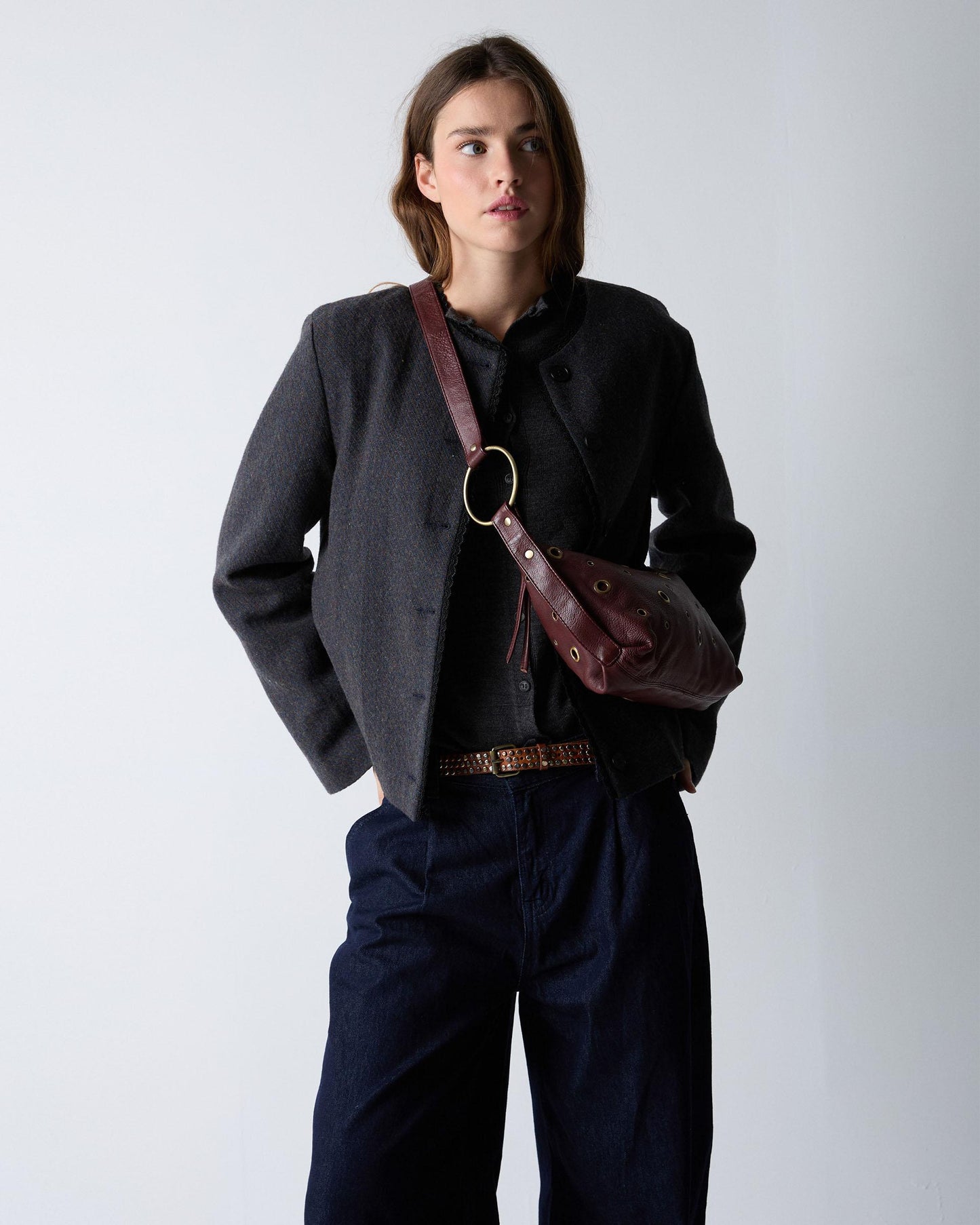 Chaqueta Botones Puntilla Mezcla Lana Marrón