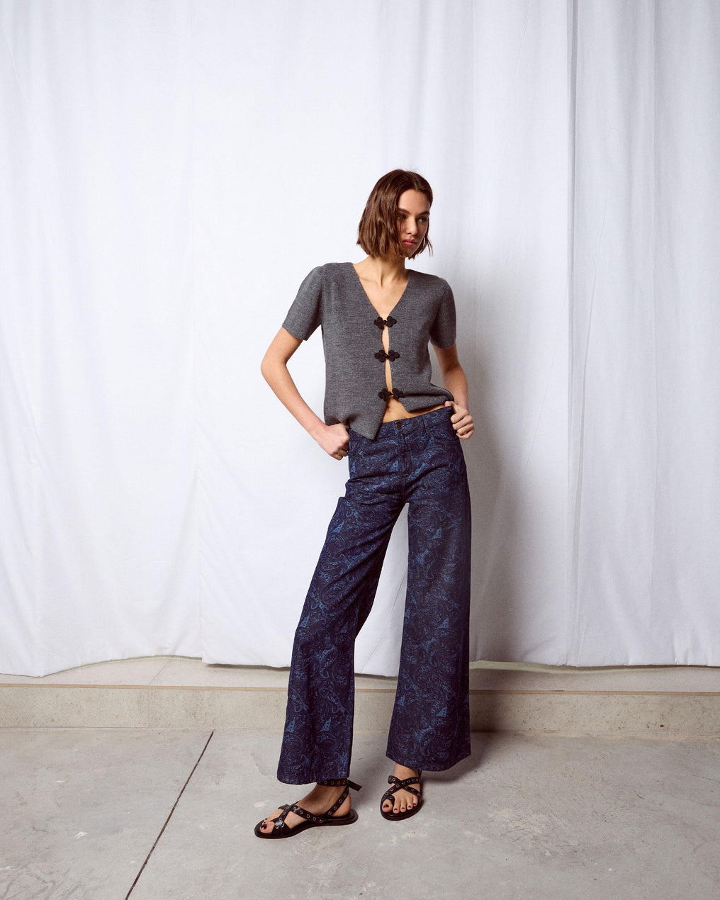 Jeans Wide Leg Estampado Azul Oscuro