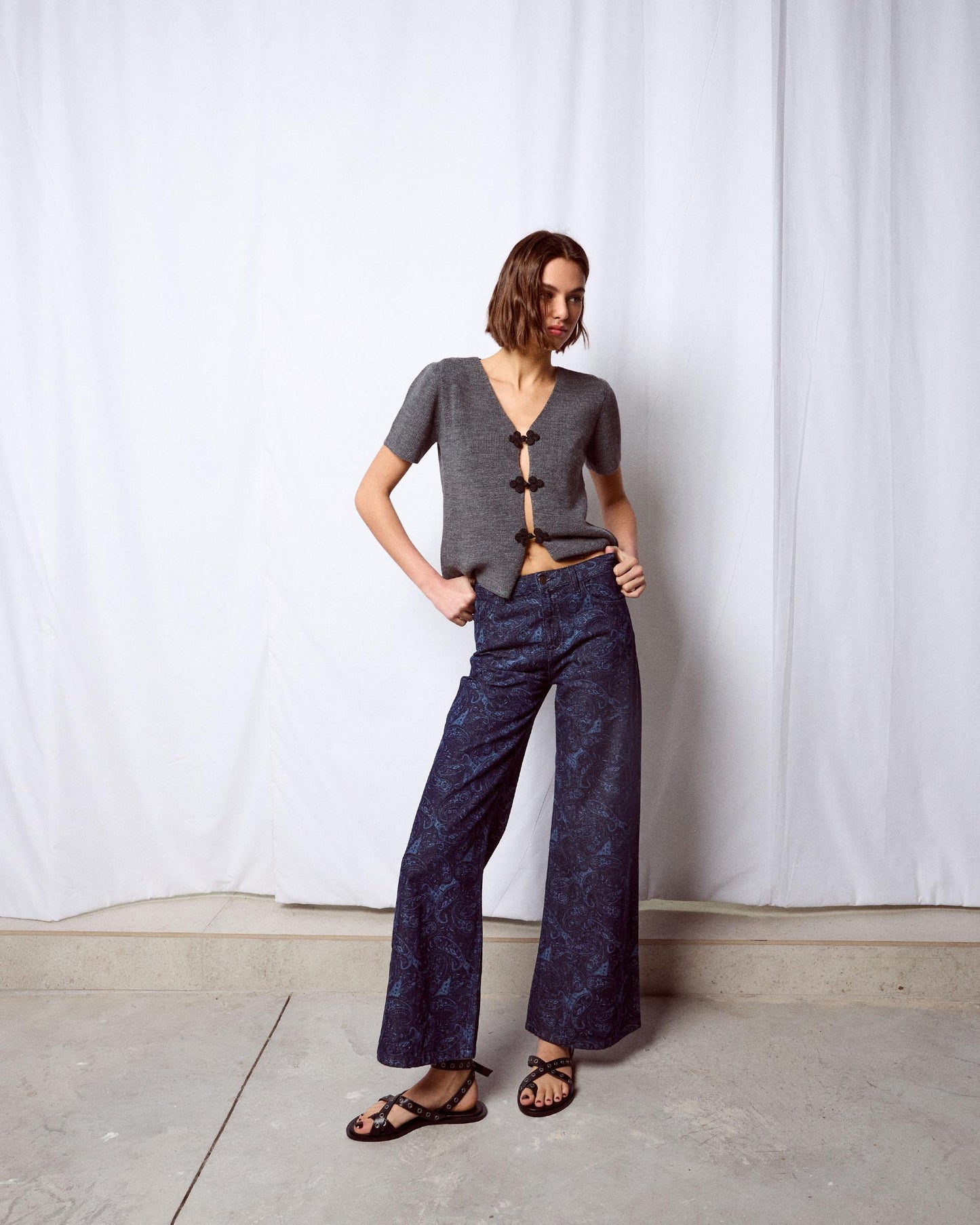 Jeans Wide Leg Estampado Azul Oscuro