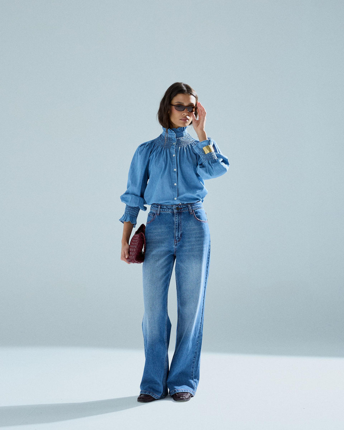 Jeans Anchos Contraste Costura Azul Jeans