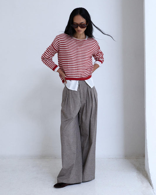 Pantalon Taupe en Chevrons à Triple Pince