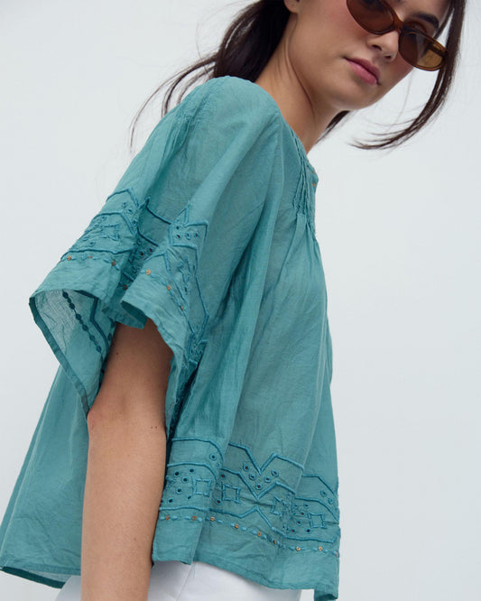 Blusa Bordados Lantejoulas Verde Água