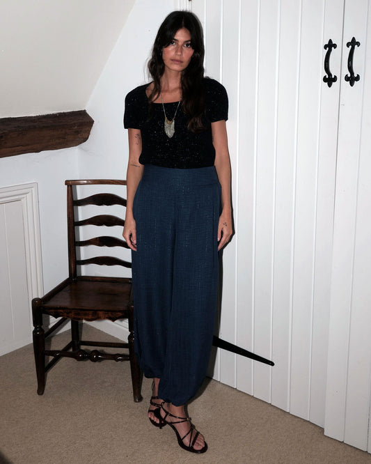 Dark Blue Lurex Striped Knit Trousers with Elastic Cuffs