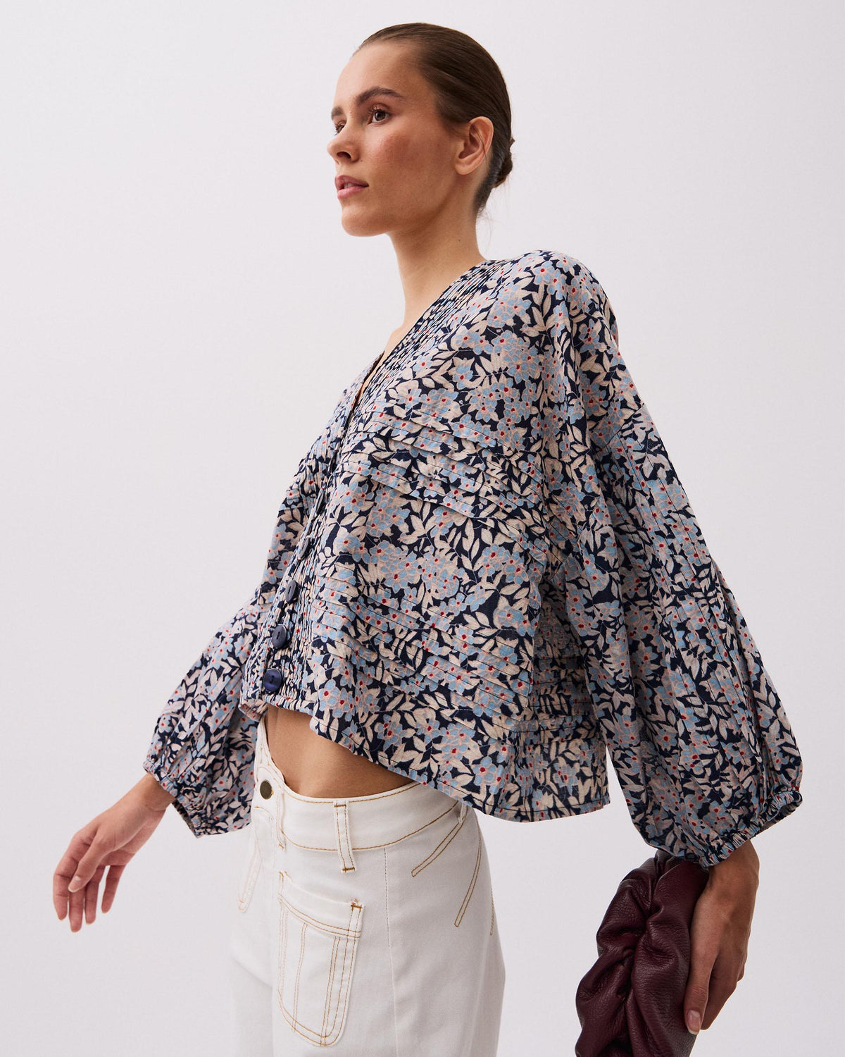 Blue Floral Print Pleated Blouse