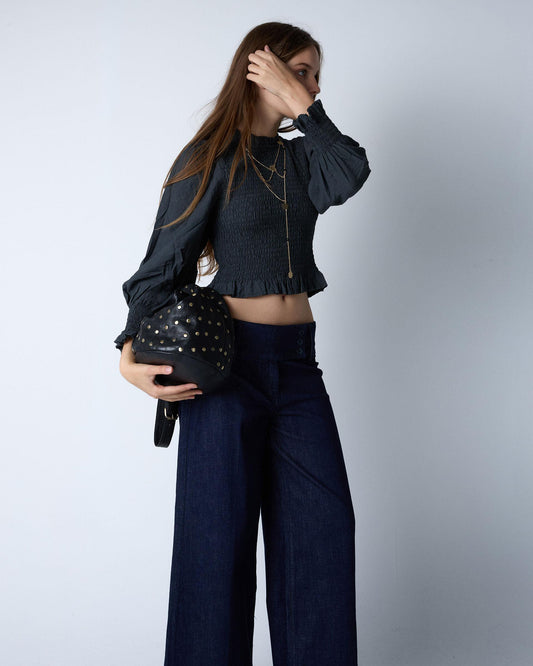 Honeycomb Blouse with Ruffled Neck and Grey Trim