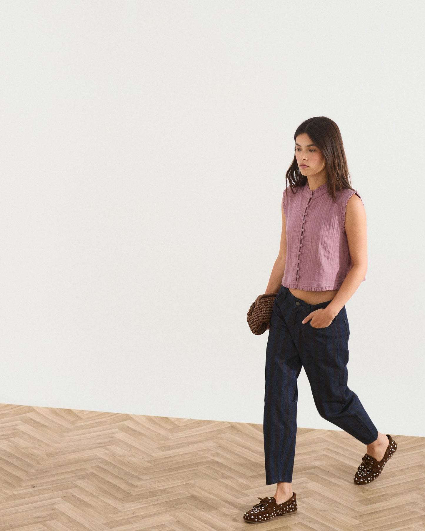 Top Botones Forrados Volante Rosa