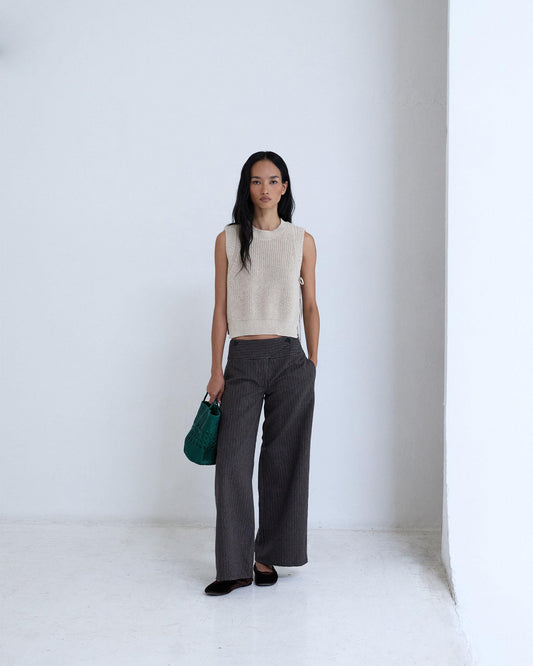 Brown Striped Trousers with Crossover Waistband