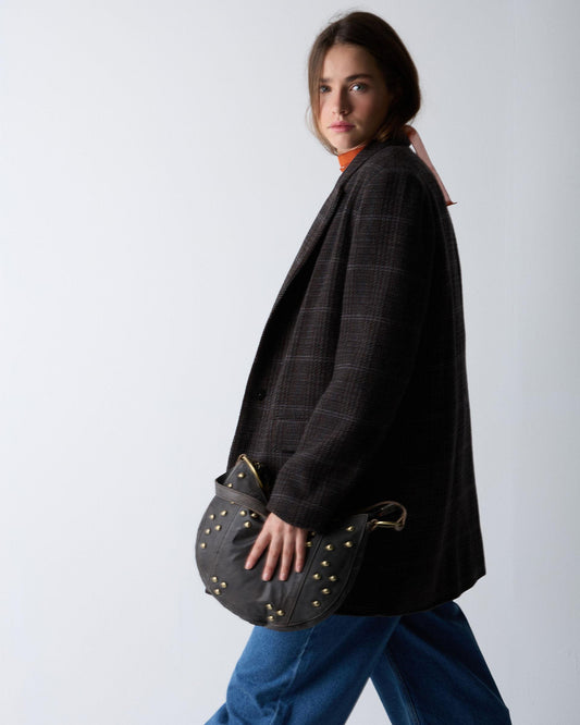 Abrigo Cuadros Solapa Mezcla Lana Marrón