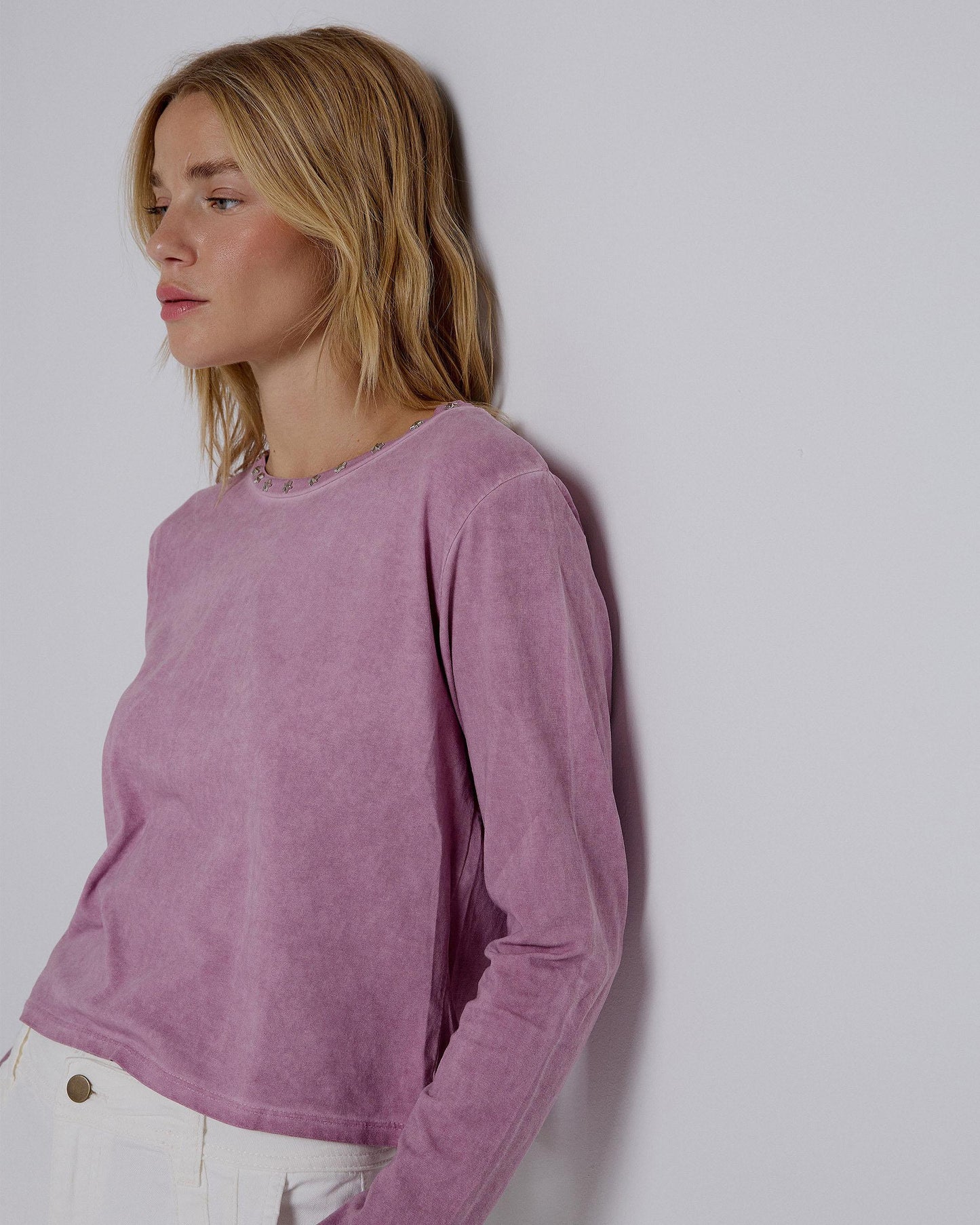 Long Sleeve T-Shirt with Studs and Stars and Pink Neck