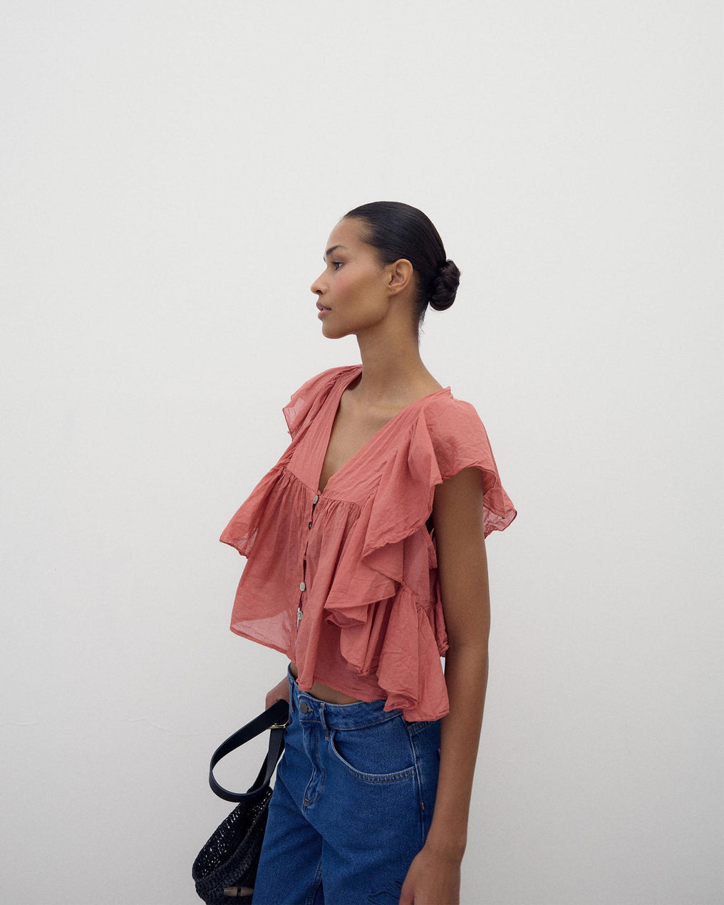 Blusa Botones Volantes Teja