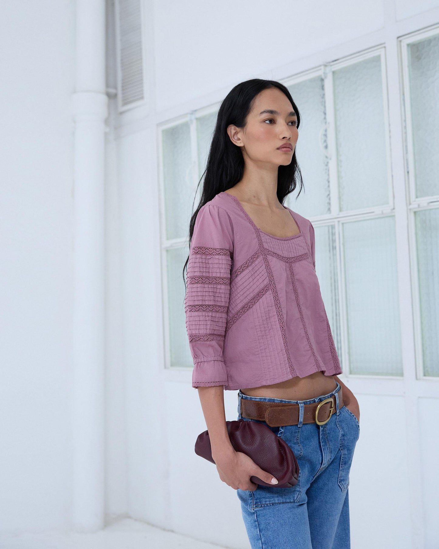Blouse Col Carré Dentelles Rose