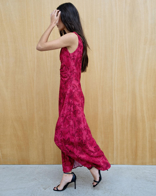 Vestido Fruncido Delantero Estampado Fucsia