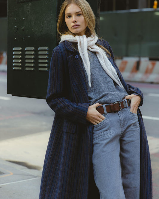 Abrigo Largo Botones Rayas Espiga Con Lana Azul