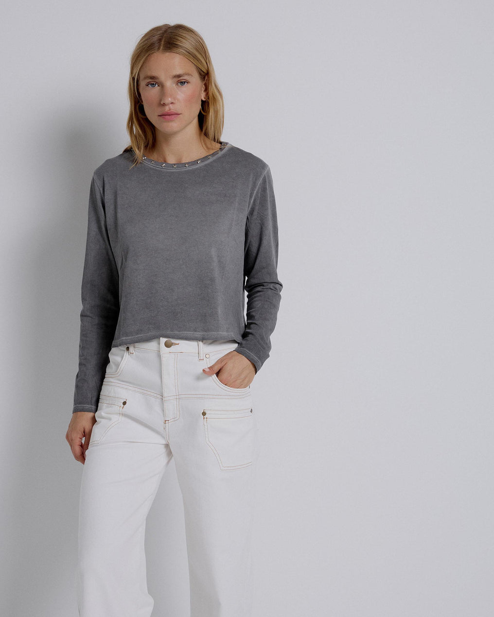 Long Sleeve T-Shirt with Studs and Stars and Anthracite Neck