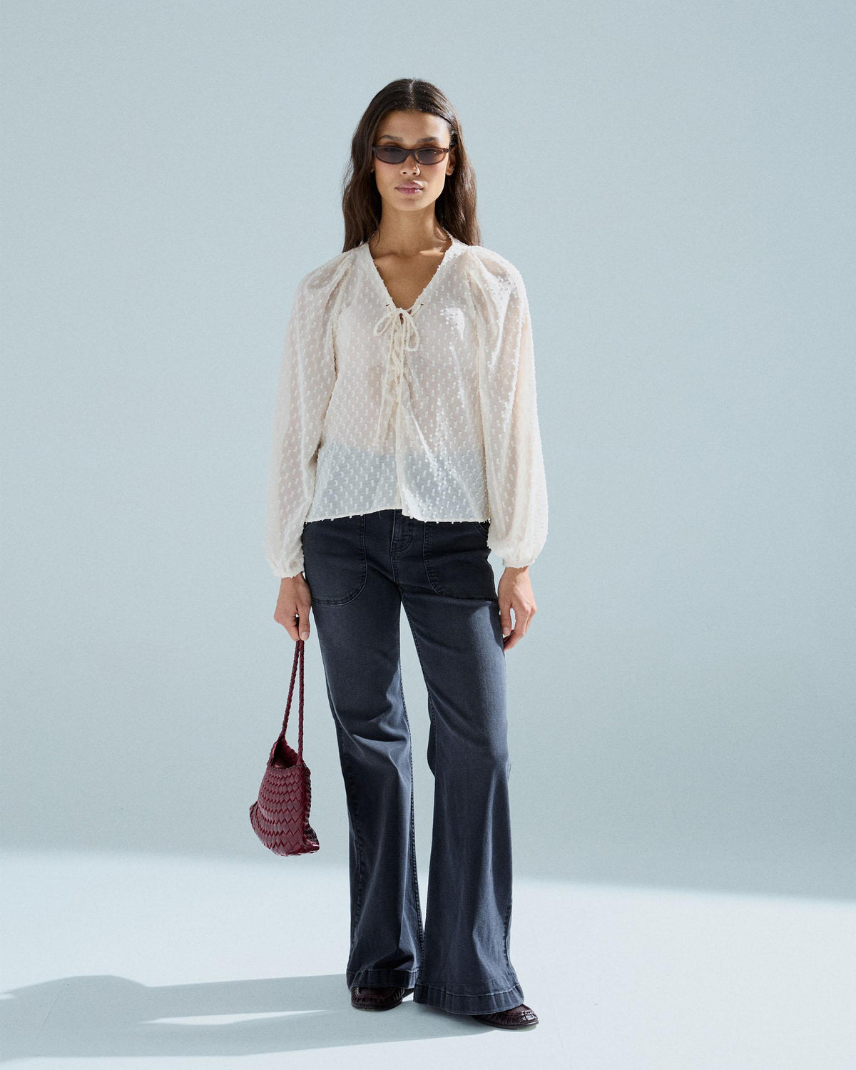 White Swiss-Dot Tie Blouse