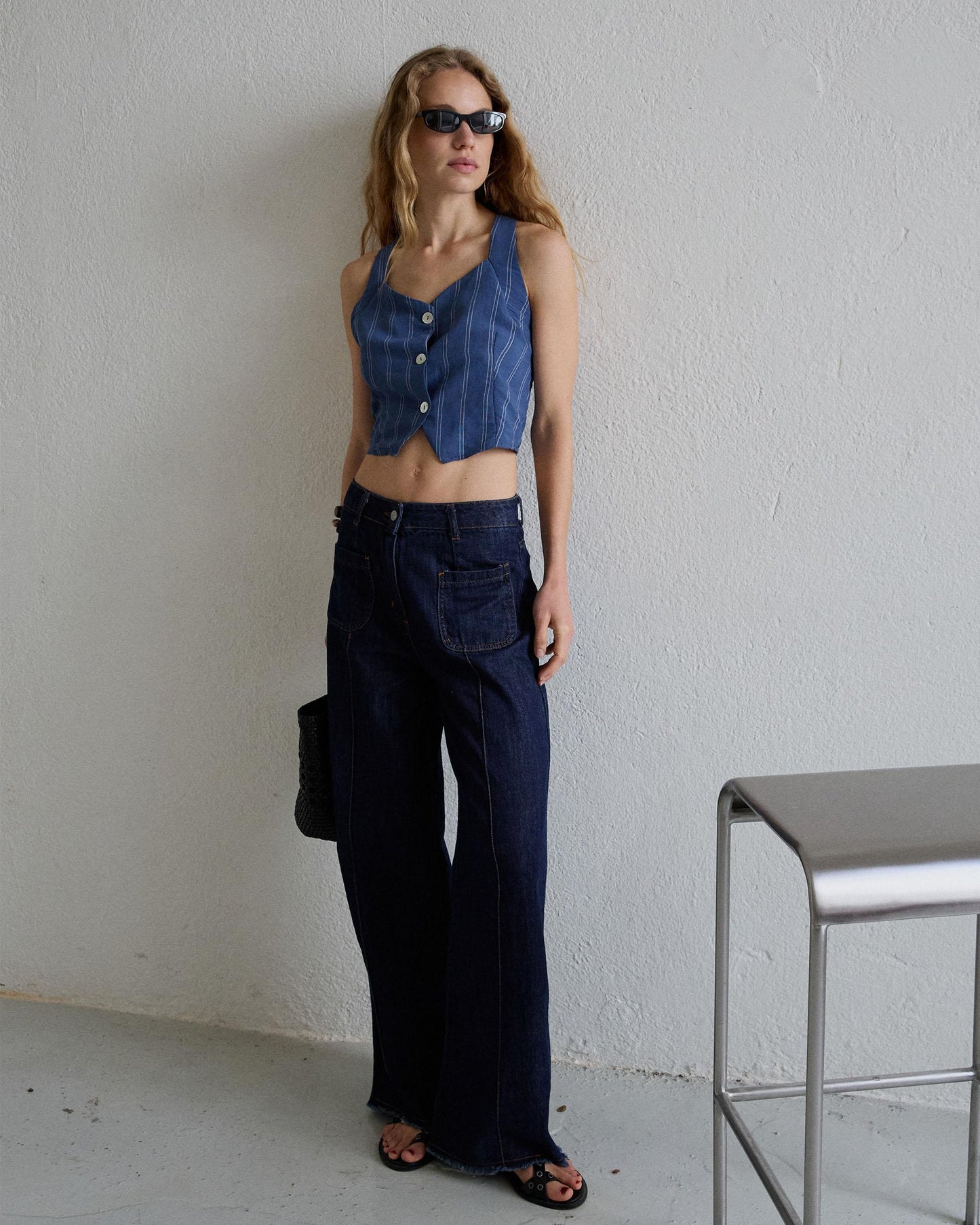 Top Botones Rayas Azul