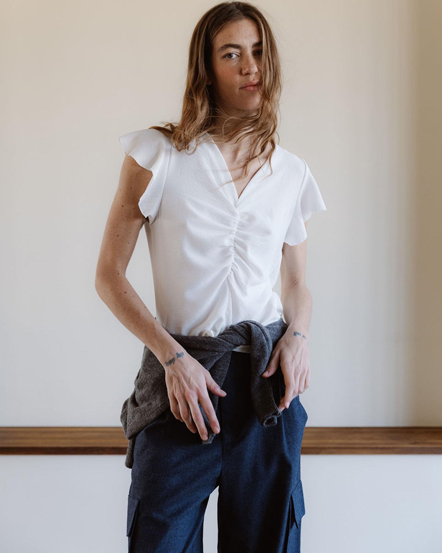 White Gathered Short Sleeve Blouse