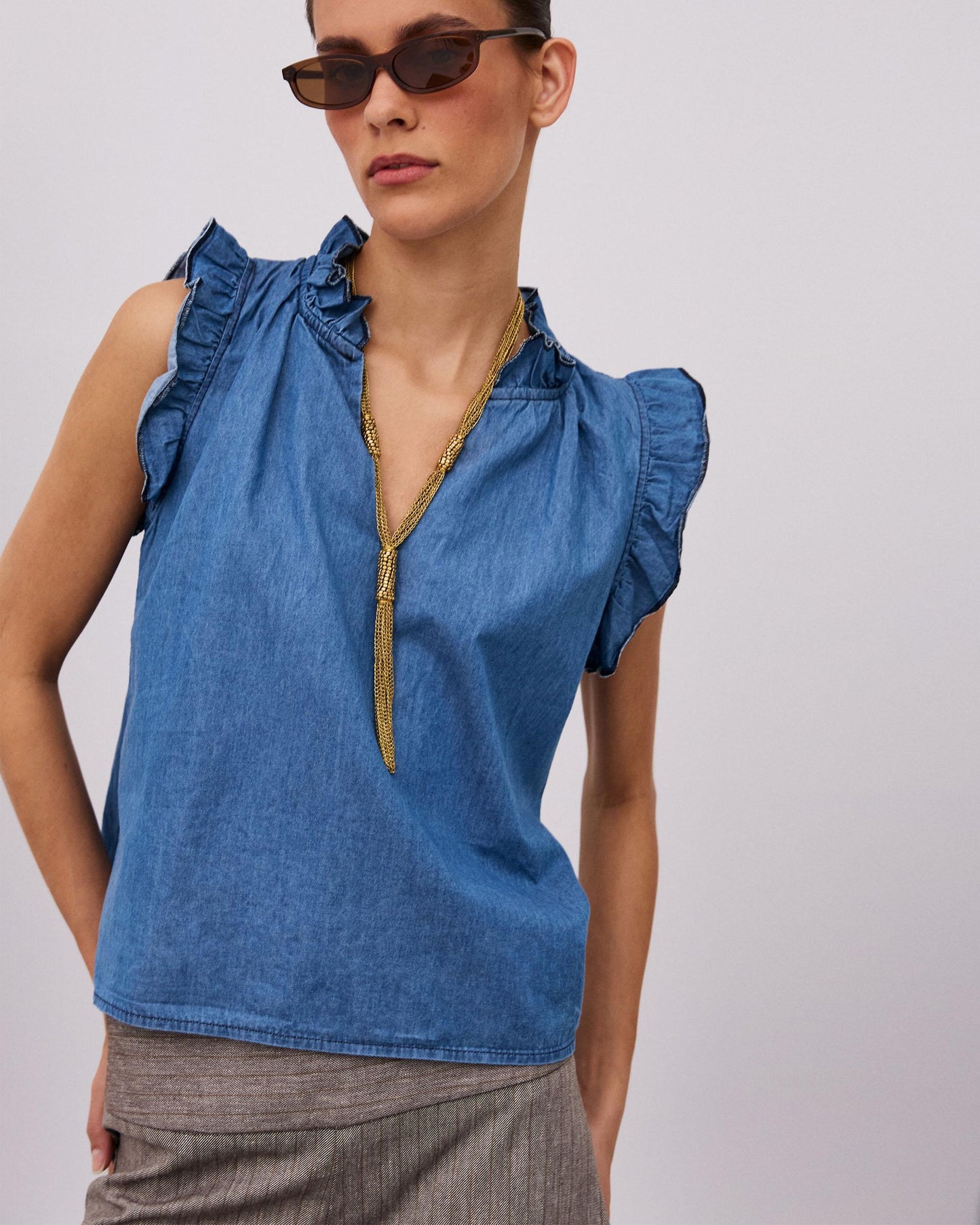 Blusa Sin Mangas Volantes Escote V Tipo Denim Azul Jeans