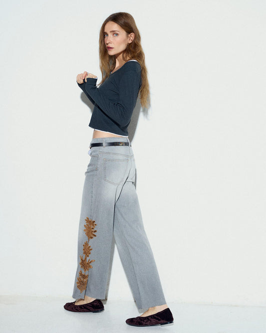 Jeans with Crochet Detail, Gray